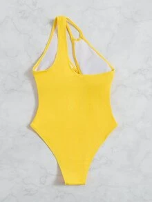 Rib Cut-out Asymmetrical One Piece Swimsuit - Yellow - View 3