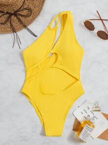 Rib Cut-out Asymmetrical One Piece Swimsuit - Yellow - View 6