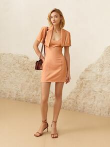 Lapel Neck Crop Blazer & Cami Dress - Coral Orange - View 3