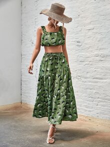 Falda bajo con fruncido con cordón delantero con top de tirantes con estampado tropical - Verde - Ver 3