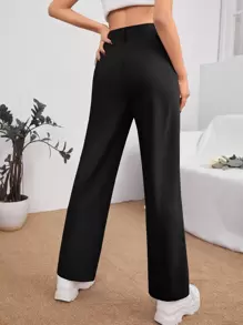 SHEIN PETITE 拉链纯色高腰夏季黑色裤子 - 黑色 - 查看 2