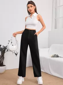 SHEIN PETITE 拉链纯色高腰夏季黑色裤子 - 黑色 - 查看 3