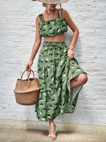 Falda bajo con fruncido con cordón delantero con top de tirantes con estampado tropical - Verde - Ver 4