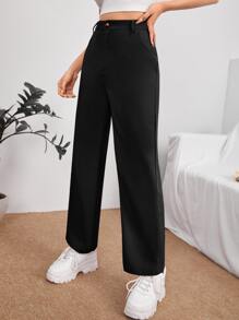 SHEIN PETITE 拉链纯色高腰夏季黑色裤子 - 黑色 - 查看 4