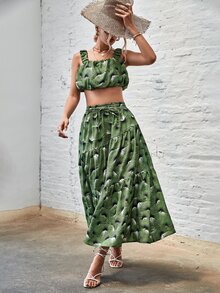 Falda bajo con fruncido con cordón delantero con top de tirantes con estampado tropical - Verde - Ver 5