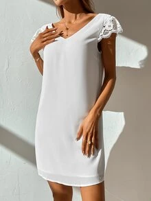 Contrast Guipure Lace Tunic Dress - White - View 3