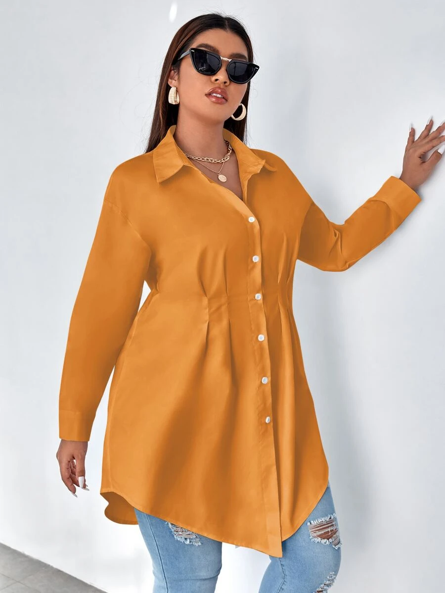 Calvaya Plus Plicated Detail Drop Shoulder Shirt - Yellow - View 1