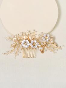 Flower & Faux Pearl Decor Bridal Hair Comb - Gold - View 1