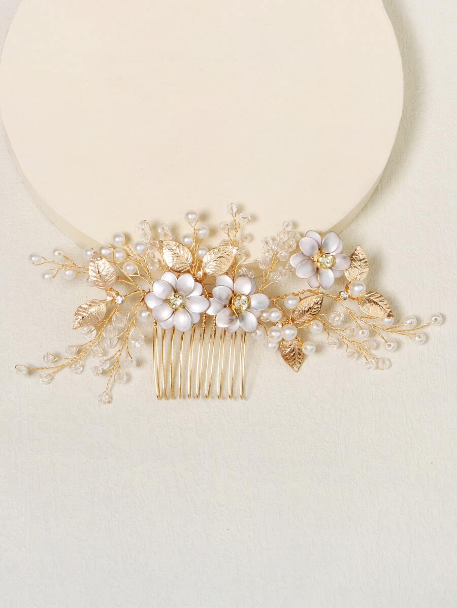 Flower & Faux Pearl Decor Bridal Hair Comb - Gold - View 1