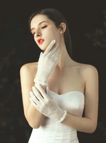 Flower Decor Bridal Gloves - White - View 3