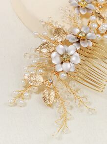 Flower & Faux Pearl Decor Bridal Hair Comb - Gold - View 3