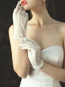 Flower Decor Bridal Gloves - White - View 4