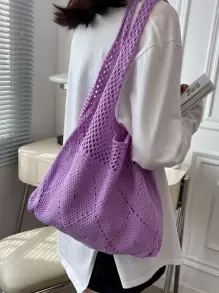 極簡風格鏤空細節勾織包 - 紫色 - 查看 2