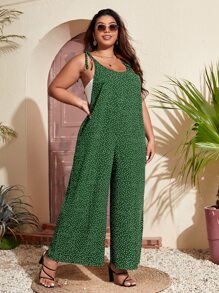 SHEIN VCAY 大碼波卡圓點肩部打結吊帶連體褲 - 綠色 - 查看 1