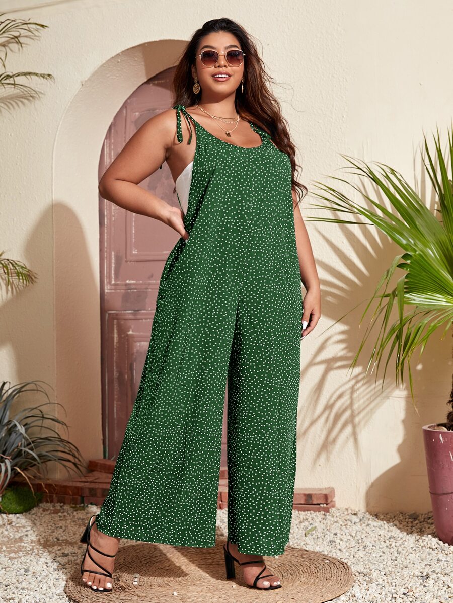 SHEIN VCAY 大碼波卡圓點肩部打結吊帶連體褲 - 綠色 - 查看 1