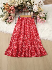 SHEIN VCAY 大碼小碎花荷葉邊半身裙 - 紅色 - 查看 2