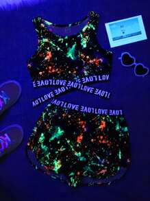SHEIN Conjunto de Top y Shorts para niña preadolescente con impresión de tinta reflectante y cinta de letras, ideal para fiestas de neón - Multicolor - Ver 1
