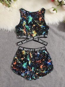 SHEIN Conjunto de Top y Shorts para niña preadolescente con impresión de tinta reflectante y cinta de letras, ideal para fiestas de neón - Multicolor - Ver 2