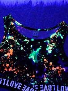 SHEIN Conjunto de Top y Shorts para niña preadolescente con impresión de tinta reflectante y cinta de letras, ideal para fiestas de neón - Multicolor - Ver 4
