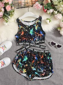 SHEIN Conjunto de Top y Shorts para niña preadolescente con impresión de tinta reflectante y cinta de letras, ideal para fiestas de neón - Multicolor - Ver 5