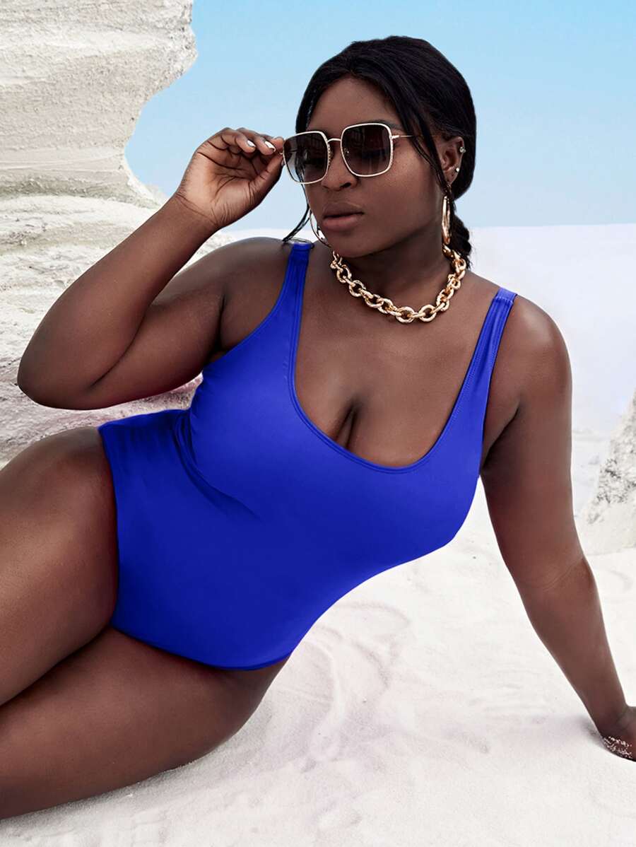 Swim Vcay Plus Size Scoop Neck One Piece Swimsuit, For Summer Beach Vacation - Royal Blue - View 1