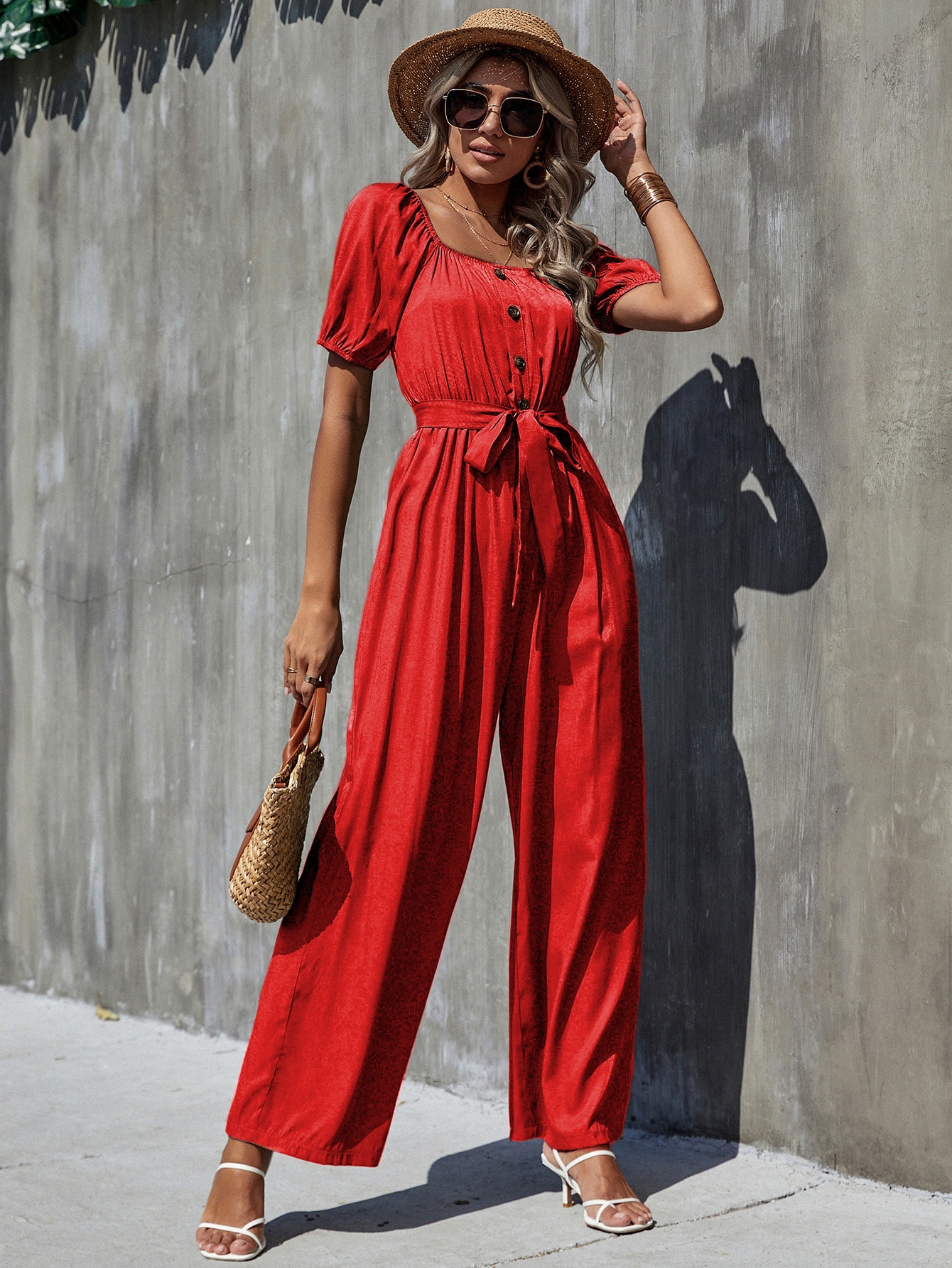 Square Neck Puff Sleeve Belted Jumpsuit SHEIN USA