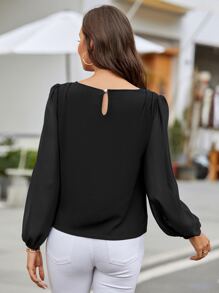 EMERY ROSE Blusa con mangas farol y abertura en la espalda, blusas de manga larga - Negro - Ver 2