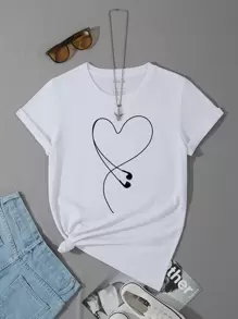 INAWLY Camiseta con estampado de Auricular con corazón - Blanco - Ver 1