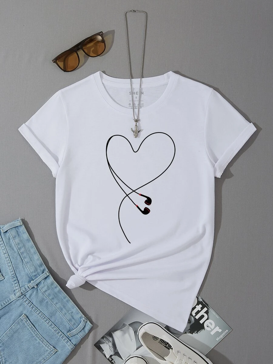 INAWLY Camiseta con estampado de Auricular con corazón - Blanco - Ver 1