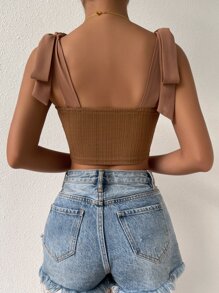 Top de tirantes corto de hombro con nudo tejido de canalé - Marrón - Ver 5