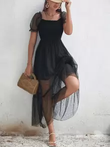 Breezaya Dobby Mesh Ruffle Hem Shirred Dress Maxi Vacation Beach Outfits Women - Black - View 3