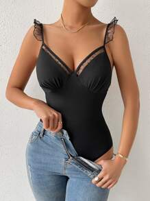 SHEIN Privé Dobby Mesh Ruffle Trim Ruched Bust Bodysuit - Black - View 2