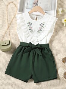 Niñas planta con bordado ribete con fruncido Top & con nudo delantero Shorts - Multicolor - Ver 1