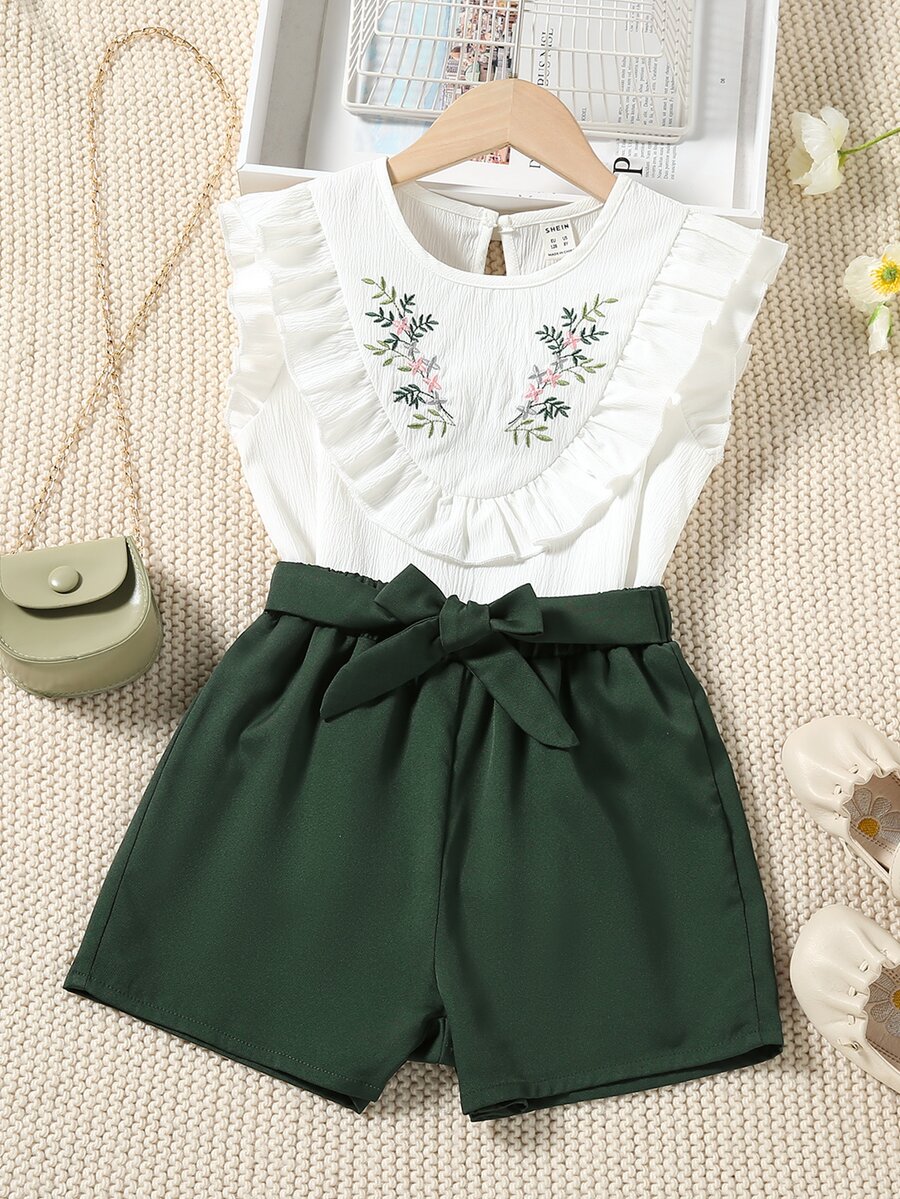 Niñas planta con bordado ribete con fruncido Top & con nudo delantero Shorts - Multicolor - Ver 1