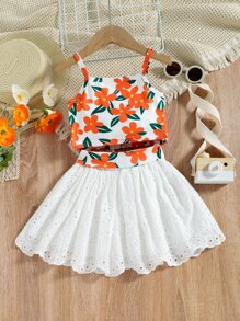 SHEIN Young Girl Floral Print Guipure Lace Panel Cami Top & Belted Schiffy Skirt