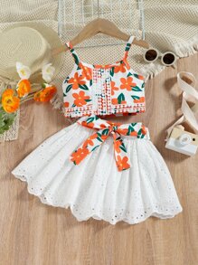 SHEIN Young Girl Floral Print Guipure Lace Panel Cami Top & Belted Schiffy Skirt