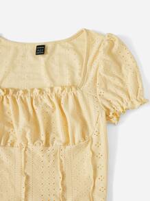 Soleia Square Neck Ruched Bust Lettuce Trim Crop Tee - Yellow - View 4