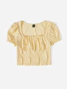 Soleia Square Neck Ruched Bust Lettuce Trim Crop Tee - Yellow - View 5
