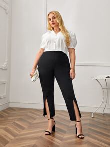 SHEIN Unity Plus Puff Sleeve Fold Pleated Blouse - White - View 4