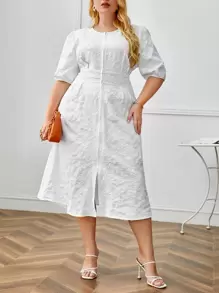 SHEIN Clasi Plus Jacquard Floral Puff Sleeve Split Hem Dress - White - View 1