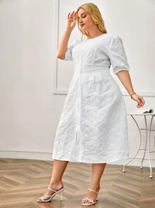 SHEIN Clasi Plus Jacquard Floral Puff Sleeve Split Hem Dress - White - View 3
