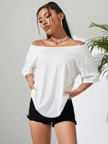 INAWLY Solid Off Shoulder Tee - White - View 4