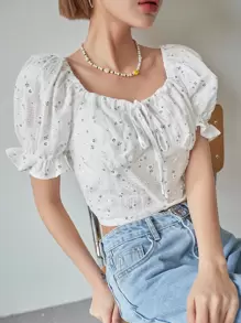 DAZY 女款碎花泡泡袖系带衬衫、短款上衣