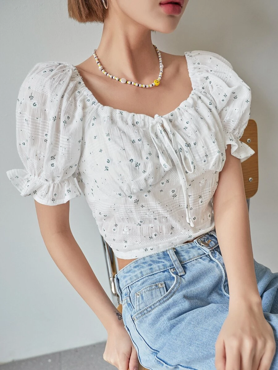 DAZY 女款碎花泡泡袖系带衬衫、短款上衣