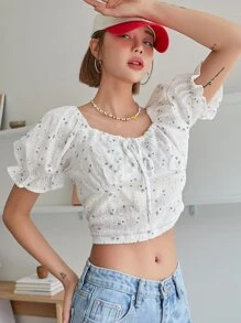 DAZY 女款碎花泡泡袖系带衬衫、短款上衣