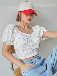 DAZY 女款碎花泡泡袖系带衬衫、短款上衣