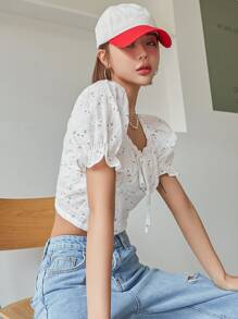 DAZY 女款碎花泡泡袖系带衬衫、短款上衣