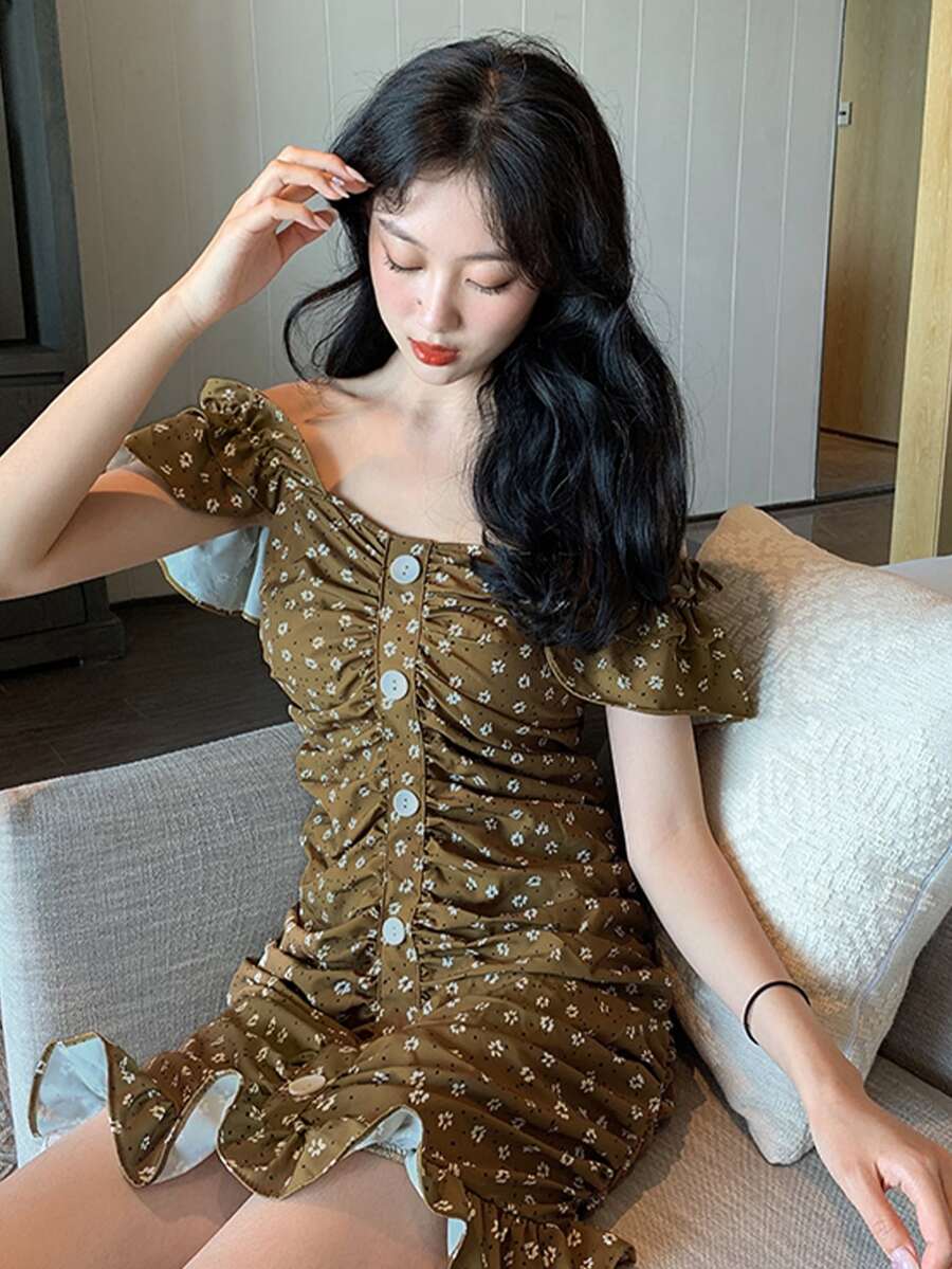 Đầm Xù Viên lá sen Nút phía trước Họa tiết hoa Boho - Màu nâu  Mocha - Xem 1
