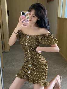 Đầm Xù Viên lá sen Nút phía trước Họa tiết hoa Boho - Màu nâu  Mocha - Xem 3