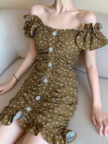 Đầm Xù Viên lá sen Nút phía trước Họa tiết hoa Boho - Màu nâu  Mocha - Xem 4